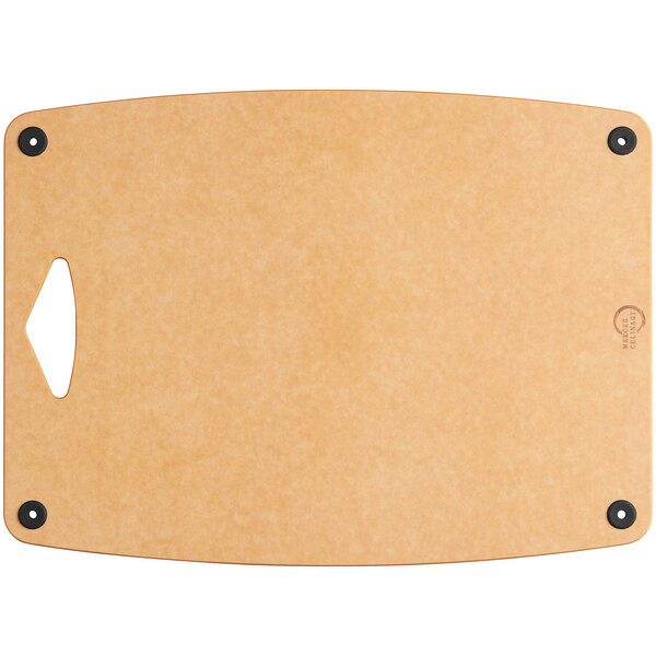 A brown Mercer composite cutting board with silicone grips.
