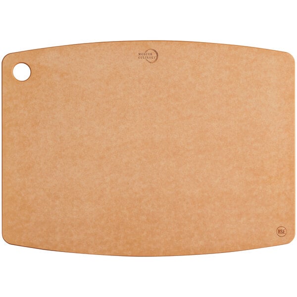 A brown Mercer composite cutting board with a hole in the middle.