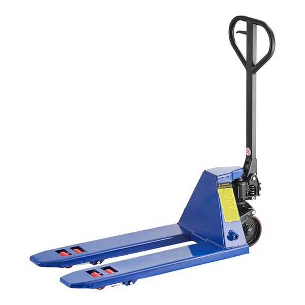 A blue Lavex pallet jack with a black handle.