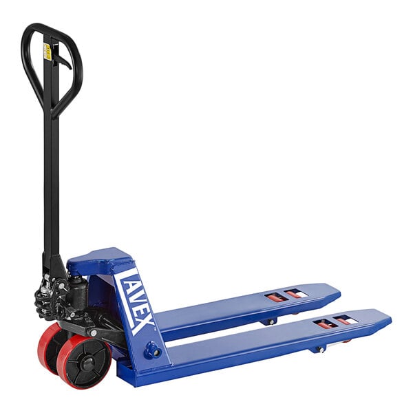 A blue metal Lavex pallet jack with red accents.
