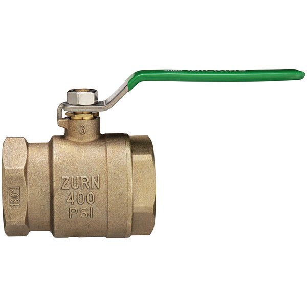 A Zurn bronze ball valve with a green handle.