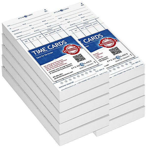 A stack of Pyramid Time Systems time cards on a white background.