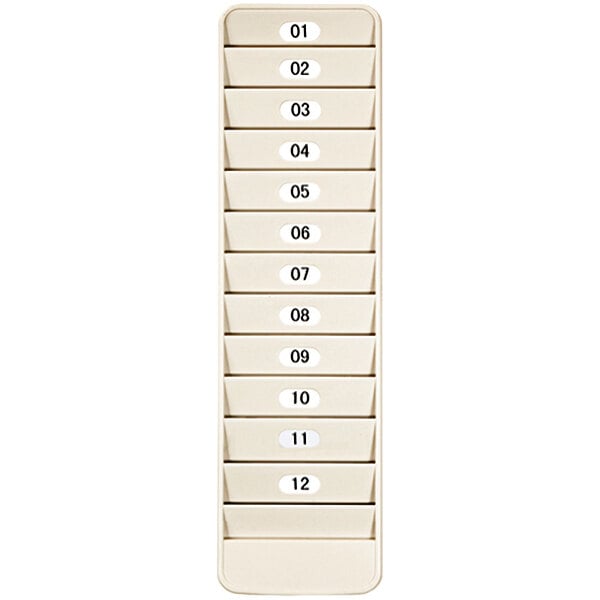 A white plastic Pyramid Time Systems 12-pocket employee badge rack with numbers on it.