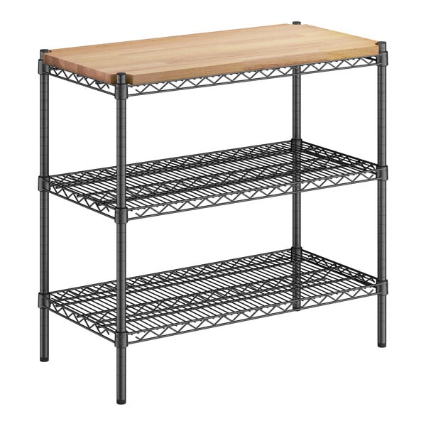 A Regency metal shelving unit with wooden shelves.