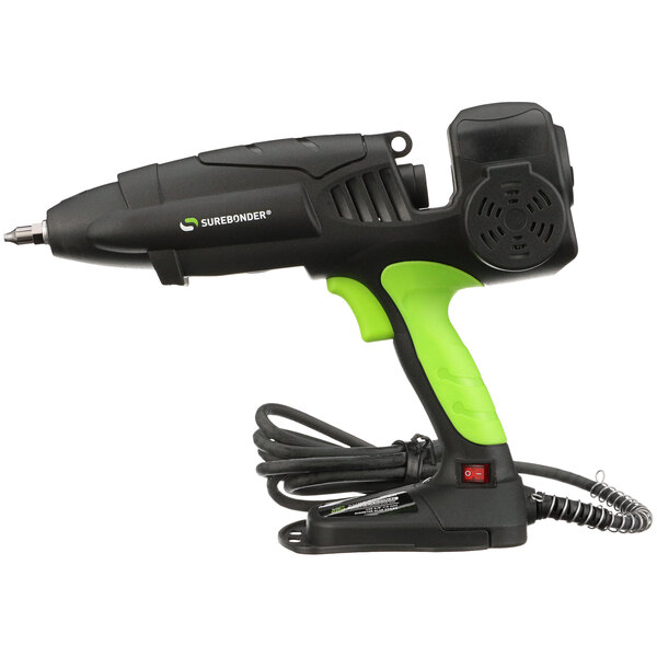 A green and black Surebonder heavy-duty high temperature motor driven professional glue gun with a black and green cord.