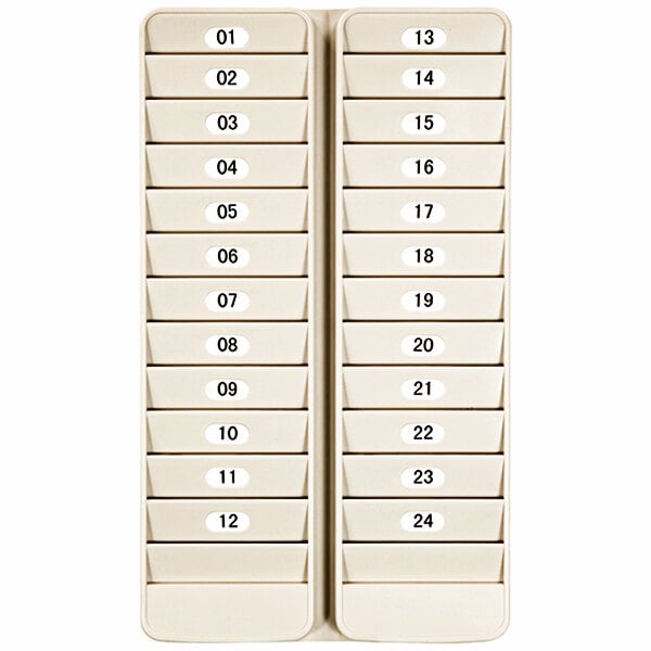 A white and tan 24-pocket badge rack with numbers on it.