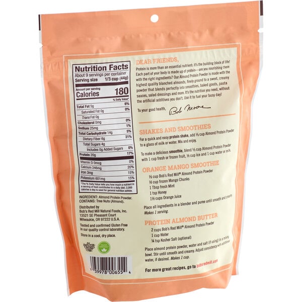 A close up of a bag of Bob's Red Mill Gluten-Free Almond Protein Powder with text and images on a white background.