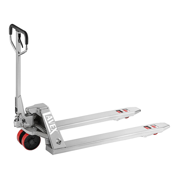 A silver Lavex stainless steel hand pallet truck.