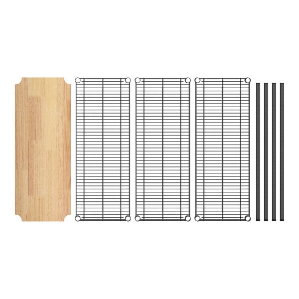 A black metal rack with wooden shelves on it.