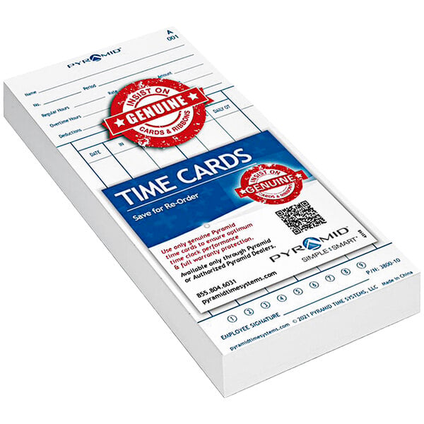 A pack of 100 white rectangular time cards with red and blue labels.