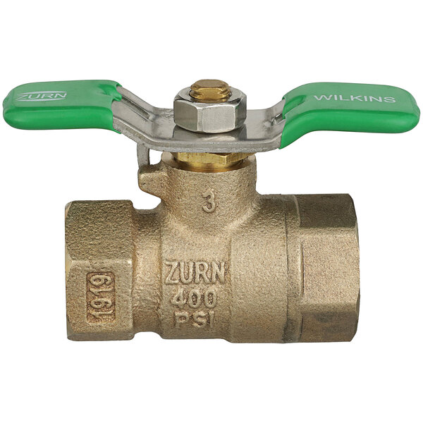 A Zurn brass ball valve with a green handle.