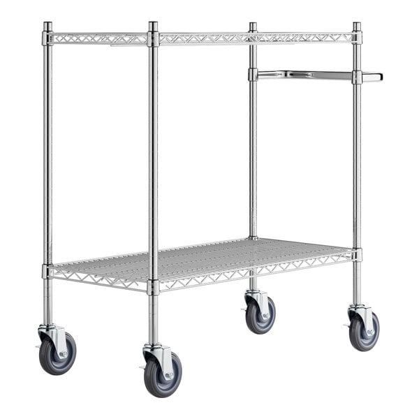 A chrome metal utility cart with black wheels.