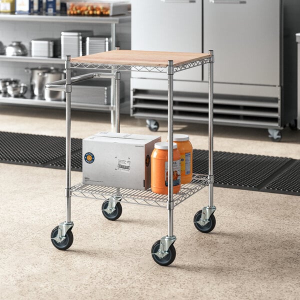 Regency 24" x 29 3/4" Two Shelf Chrome Utility Cart with U-Shaped Handle and Wooden Shelf Insert