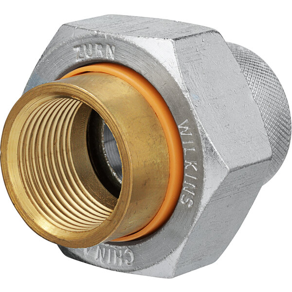 A close up of a Zurn brass dielectric union nut.