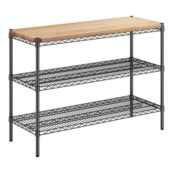 A Regency metal shelving unit with wooden shelves.