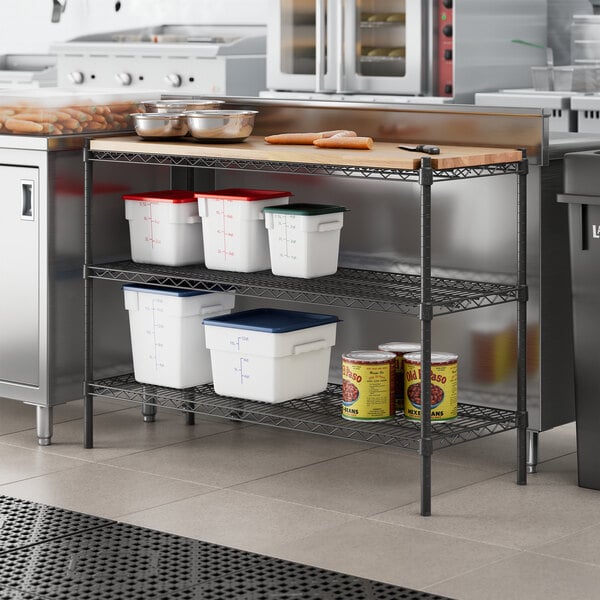 A kitchen with a Regency metal shelf on a counter.