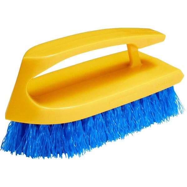 A blue Rubbermaid scrub brush with a yellow handle and blue bristles.