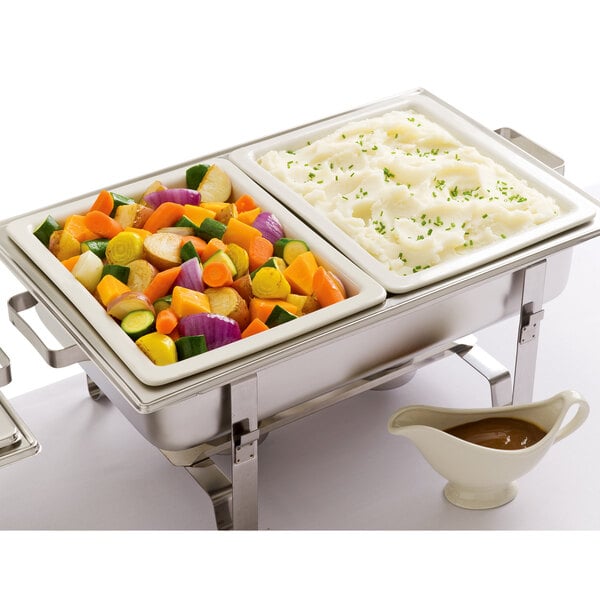 chafer with two China food pans, one with mixed vegetables, the other with mashed potatoes