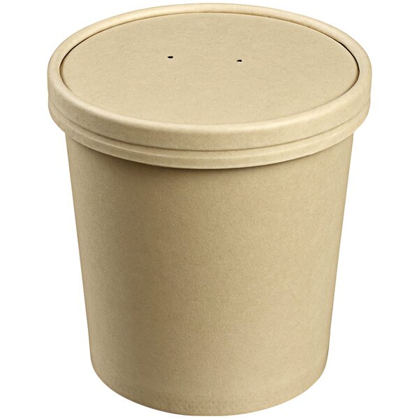 A round brown Solia bamboo fiber container with a lid.