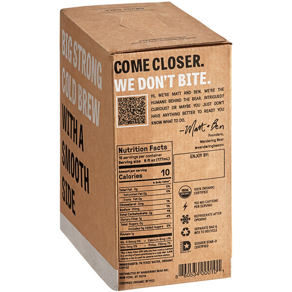 A close-up of a brown Wandering Bear Bag in Box with white text.