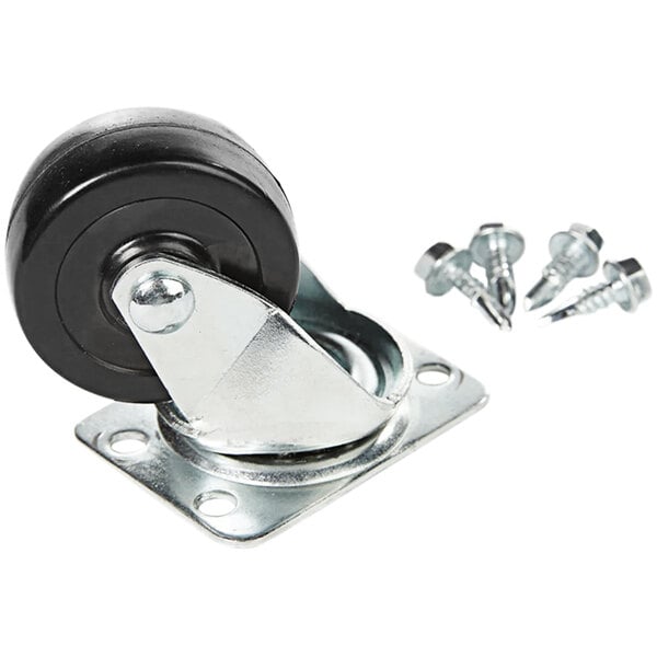 A black rubber tire caster wheel with screws and nuts.