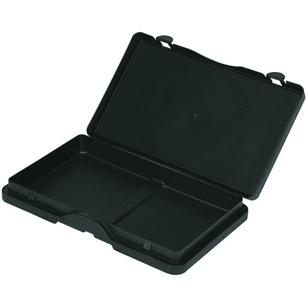 A black Rubbermaid plastic lid with storage compartments.