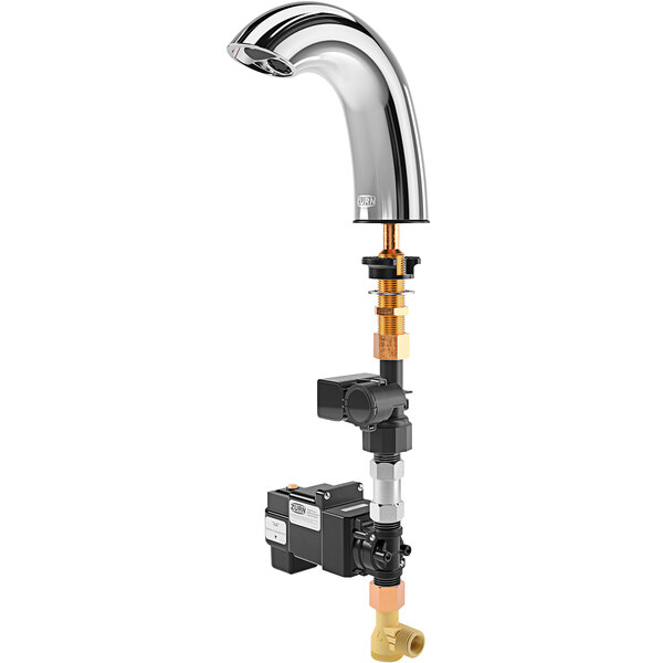 A Zurn chrome deck mount sensor faucet with black and gold connector wires.