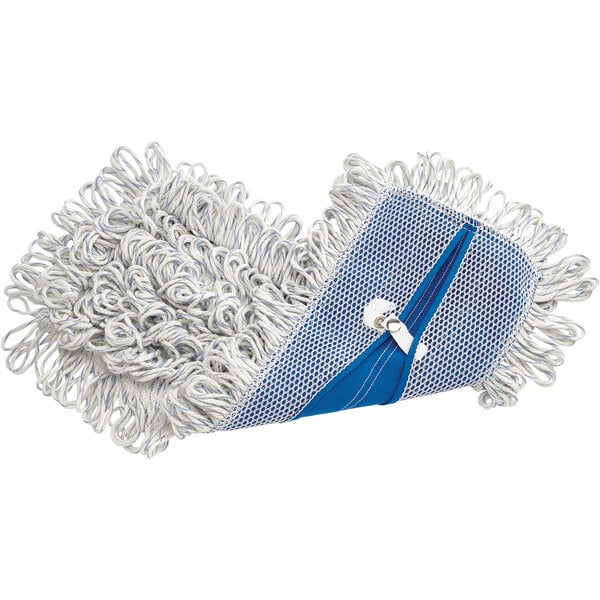 A Rubbermaid blue and white microfiber mop pad in a clear plastic bag.