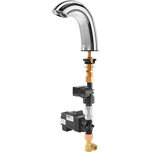 A Zurn chrome deck mount sensor faucet with black and gold pipes.