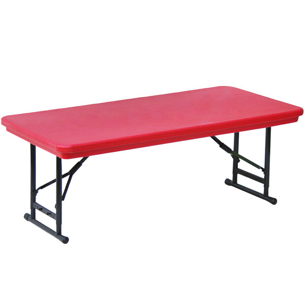 A red rectangular Correll folding table with black legs.