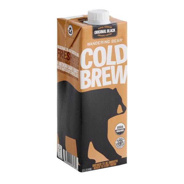 A 32 fl. oz. carton of Wandering Bear Organic Straight Black Cold Brew Coffee.