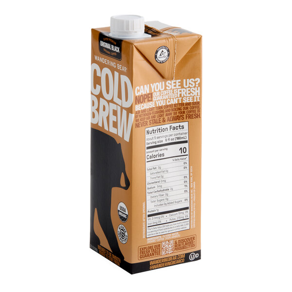 A 32 fl. oz. carton of Wandering Bear Organic Straight Black Cold Brew Coffee.