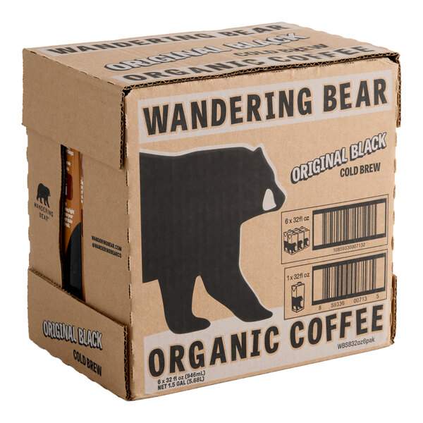 A cardboard case of Wandering Bear Organic Black Cold Brew Coffee containing six 32 fl. oz. cartons.