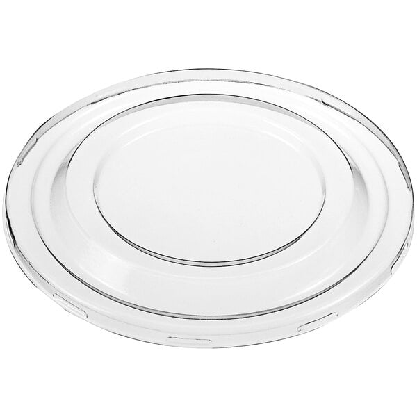 A clear plastic lid with a circular rim on a white background.