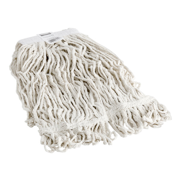 A Rubbermaid white cotton looped end wet mop head.