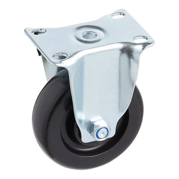 A black and silver metal wheel for an Avantco caster.