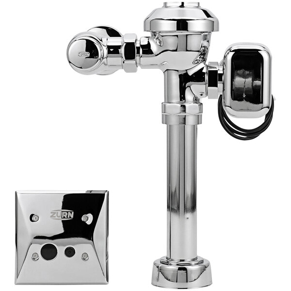 A Zurn chrome plated toilet flush valve.