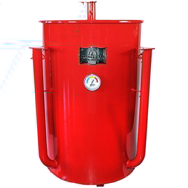 A red metal Gateway Drum Smoker with metal handles and a gauge.