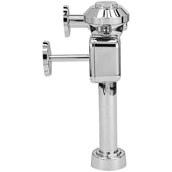 A chrome plated Zurn Aquaflush automatic exposed diaphragm flush valve with a round silver metal top.