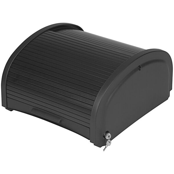 A black Rubbermaid box with a locking hood.