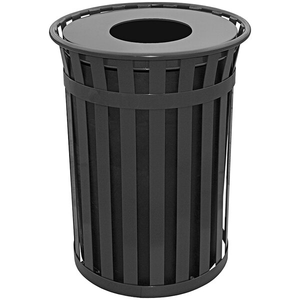 A black Witt Industries Oakley steel trash can with a flat lid.