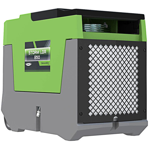 An AlorAir Storm LGR 850 green and grey commercial dehumidifier.