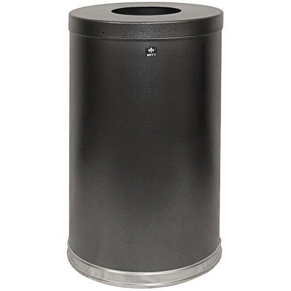 A silver vein steel round decorative waste receptacle with a flat top.