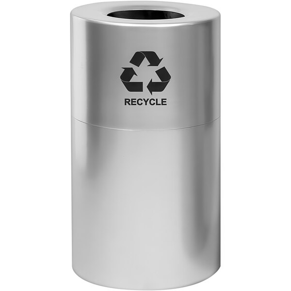 A silver Witt Industries 35 gallon recycling receptacle with a recycle symbol.