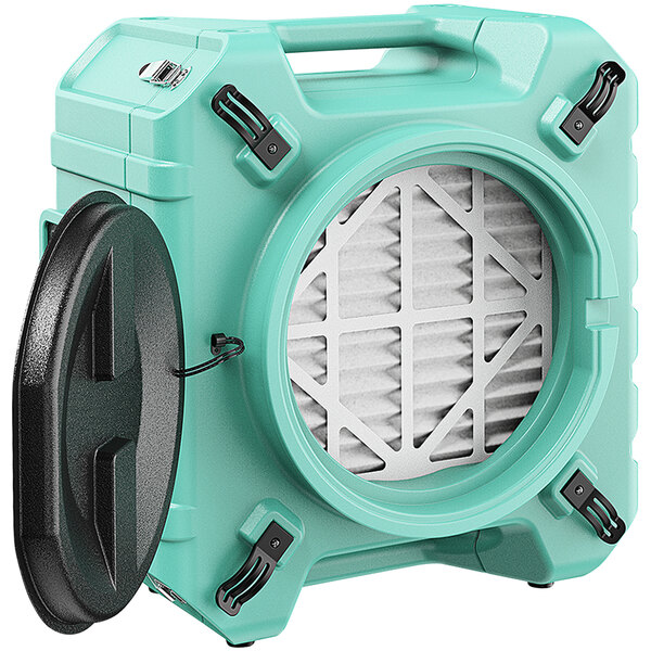 An AlorAir PureAiro HEPA Pro 770 industrial air scrubber with a blue and black lid.