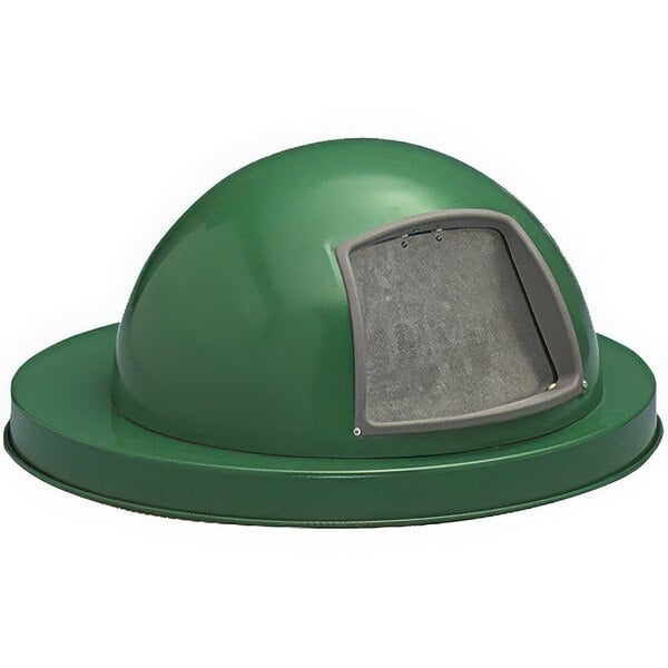 A green steel dome top lid with push doors for Witt Industries trash receptacles.