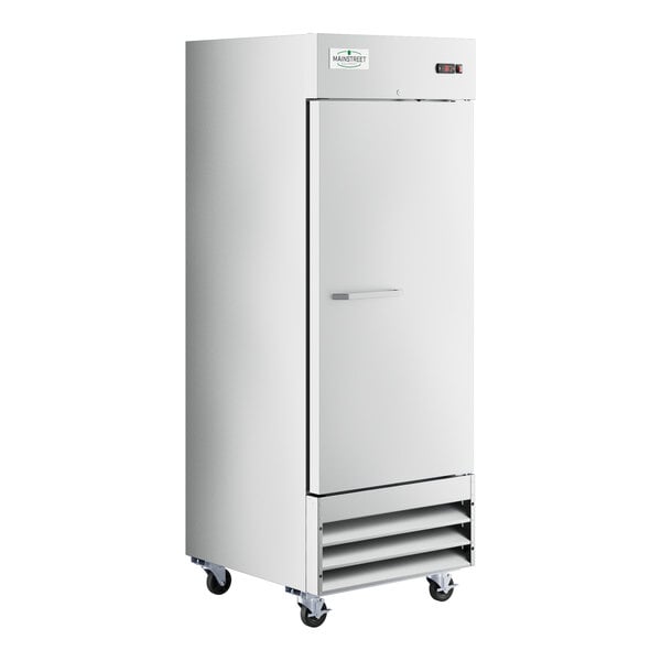 A stainless steel MainStreet Equipment reach-in freezer with a handle on wheels.