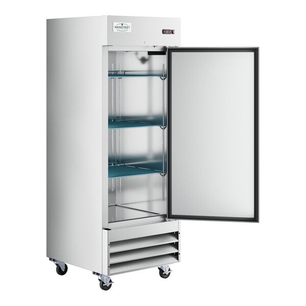 A silver MainStreet Equipment reach-in freezer with a door open.