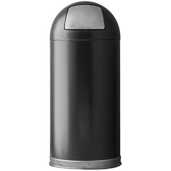 A black steel round indoor decorative waste receptacle with a silver lid.