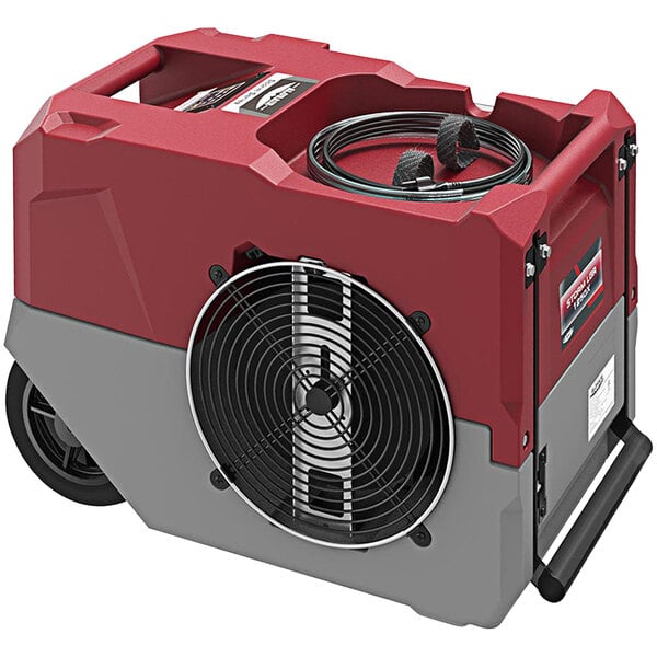 An AlorAir red and grey industrial commercial dehumidifier with a fan.